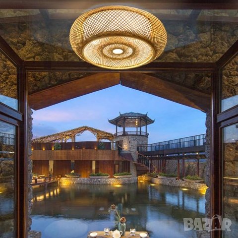 Таванна лампа от ратан естествен бамбук Полилей, снимка 5 - Лампи за таван - 34013589