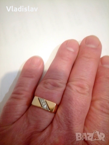 Руско злато Елегантен мъжки пръстен с естествени диаманти, снимка 5 - Пръстени - 54146762