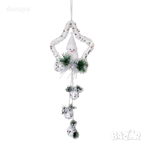 6246 Висяща коледна украса звезда със снежен човек и снежни топки, 98 см