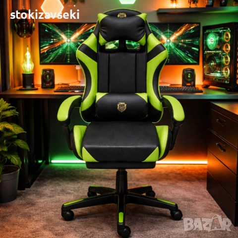 Ергономичен геймърски стол с масажна функция и поставка за крака, PU екокожа