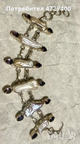 Гривна от естествен бароков перлен и аметисти, снимка 4 - Гривни - 53373790