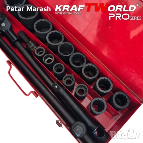 Гедоре 21 части с 12-стенни ударни вложки KraftWorld 3/4″ – професионален комплект за камиони, снимка 4 - Гедорета - 51465044