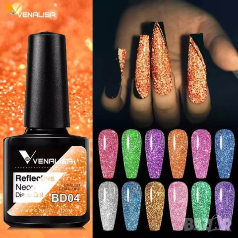 Venalisa светещ блестящ гел лак неон / серия Reflective Glitter, снимка 3 - Продукти за маникюр - 37255522