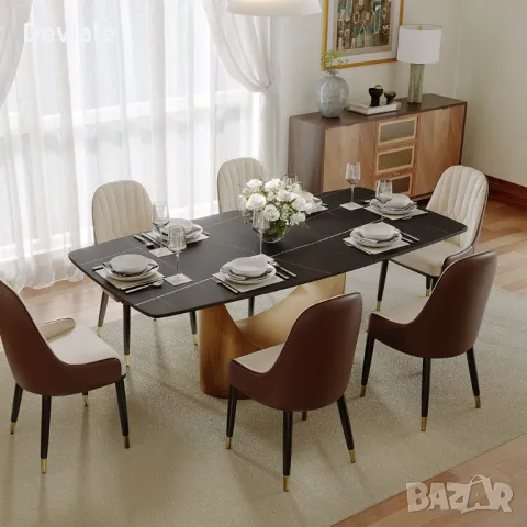 Модерна трапезна дизайнерска маса с керамичен плот черен мрамор и метална основа 200х100х75 см, снимка 2 - Маси - 48320529