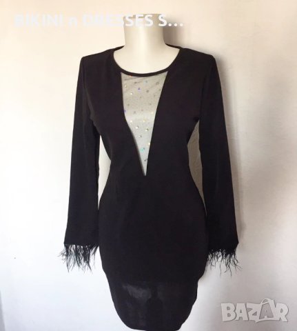 Черна елегантна рокля с дълъг ръкав с пера, снимка 1