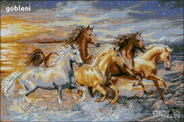 гоблен "В ЛЪЧИТЕ НА ЗАЛЕЗА"-Д42-размери/40-26/см.36цв,46лв, снимка 2 - Гоблени - 8240699