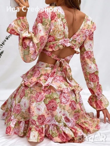 Нова разкошна елегантна рокля флорален принт цветя рязана в талията , снимка 4 - Рокли - 49380226