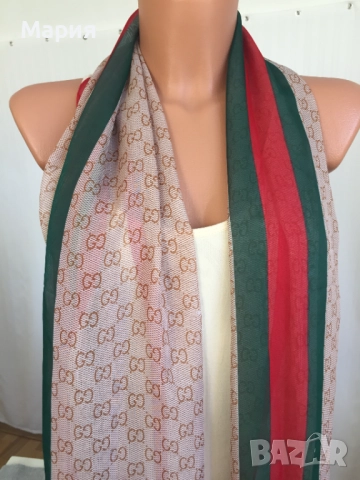 Нов Дамски Шал Gucci Прозрачен Лого Гучи Бежов Червен Зелен, снимка 6 - Шалове - 51826454