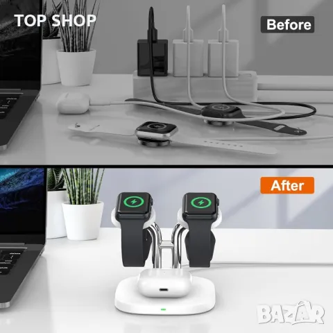 3 в 1 станция за безжично зареждане, съвместима с Apple Watch, снимка 6 - Безжични зарядни - 49546407