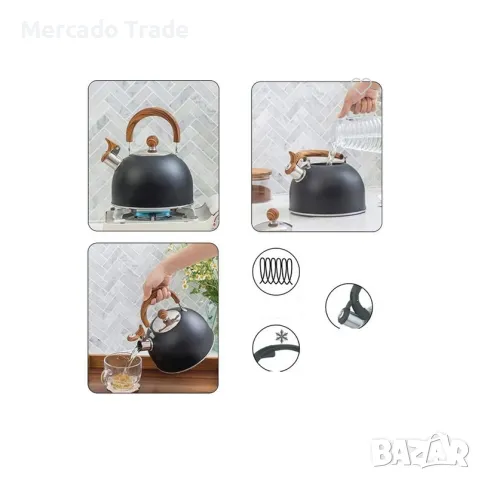 Чайник Mercado Trade, Метал, Черен с дървена дръжка, снимка 2 - Аксесоари за кухня - 48284719