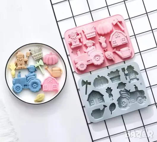Ферма Фермер трактор лейка брадва тиква ряпа силиконов молд форма фондан гипс шоколад, снимка 2 - Форми - 49996349