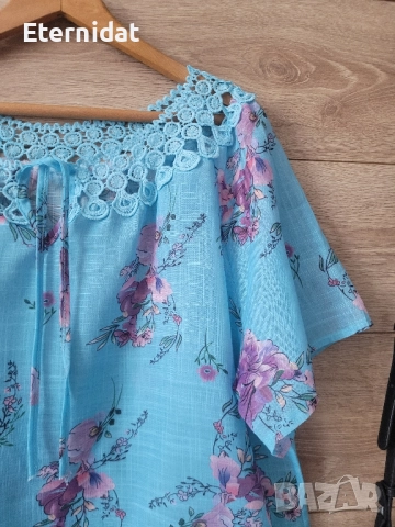 Нова синя блуза с цветя и дантела , снимка 2 - Тениски - 51863217