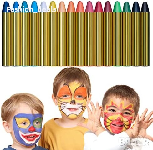 Нов Комплект 16 Цвята Грим за Лице + Флагове Футбол Карнавал Парти Деца Възрастни