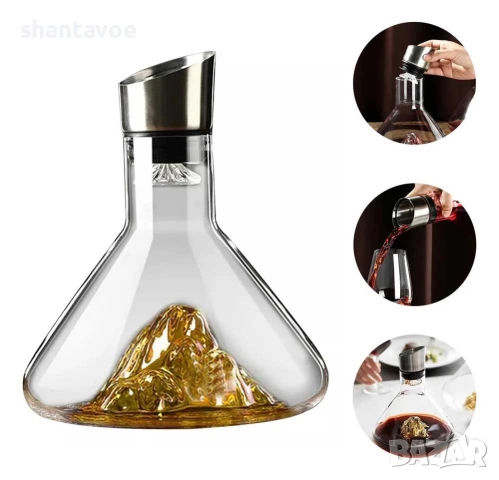 Стъклен декантер за вино с релефно дъно планински връх, снимка 3 - Подаръци за юбилей - 52918515