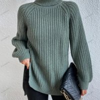 Дамски ежедневен широк пуловер с висока яка и цепка, 5цвята - 023  , снимка 12 - Блузи с дълъг ръкав и пуловери - 42911716