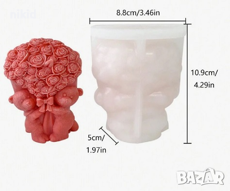 3D 2 мечета мече с букет цветя рози силиконов молд форма шоколад гипс смола свещ Свети Валентин, снимка 1