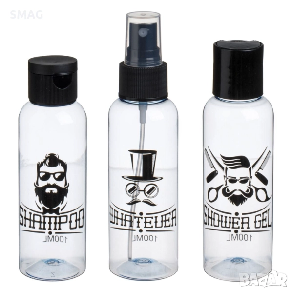 Комплект шишенца за пътуване с принт „Barber“ 100 мл – 3 броя_1246816, снимка 1