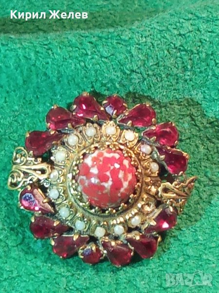 СКЪПОЦЕННА СТАРА БРОШКА БОХЕМСКИ КРИСТАЛ ГРАНАТ БРОНЗ ПОЗЛАТА 4952 КАМЪНИ , снимка 1