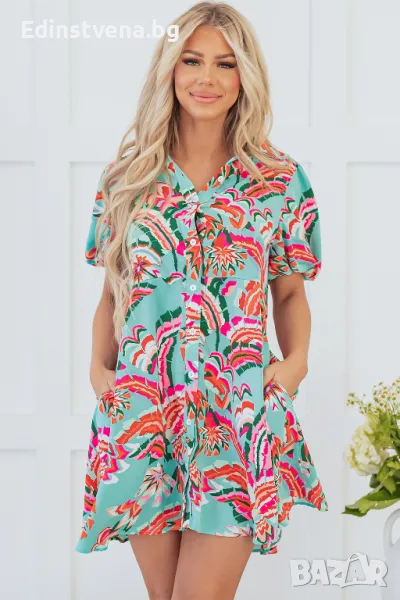 Дамска рокля с абстрактен принт, копчета и колан, снимка 1