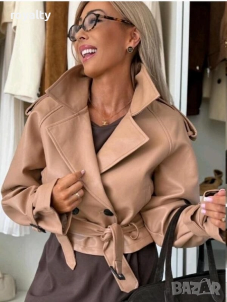 Тъмно бежово кожено яке с колан, снимка 1