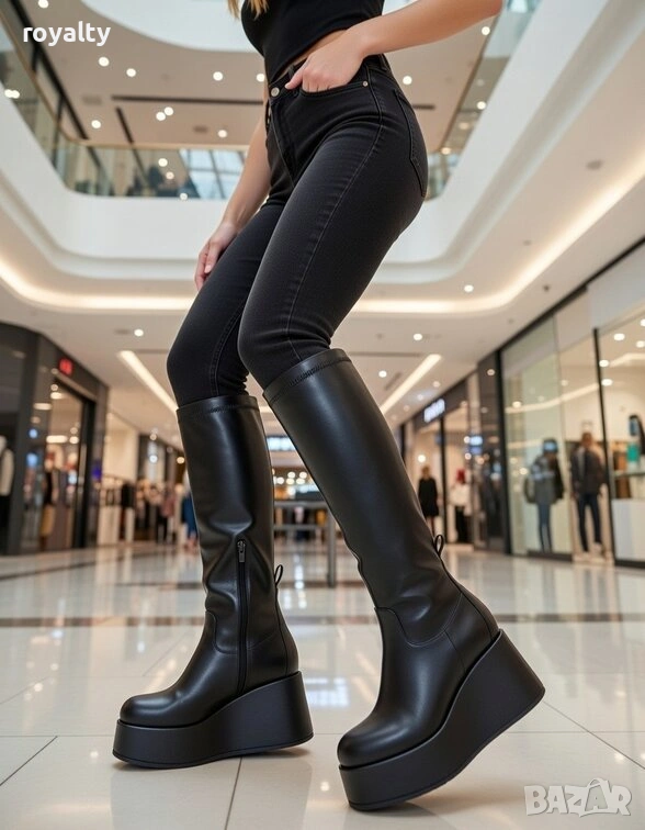 Ботуши на платформа - черна кожа, снимка 1