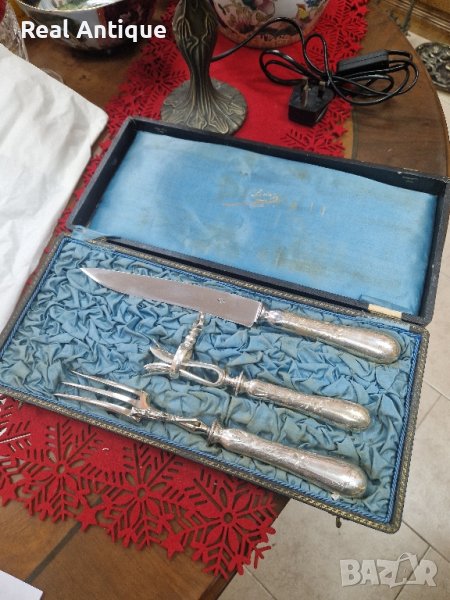 Страхотен антикварен френски комплект за хранене за дивеч, снимка 1