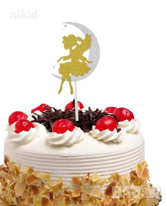 Момиче фея на луна картонен брокатен топер украса декор за торта, снимка 1