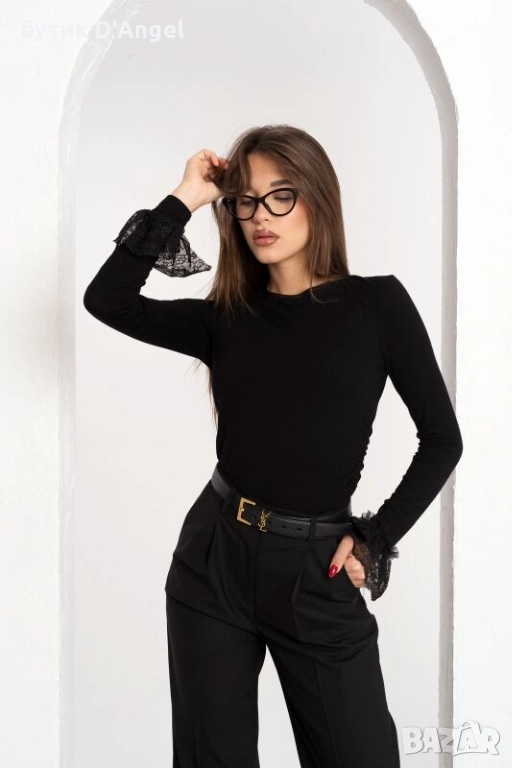 Вълнена черна блуза LANA FINE с дантела, снимка 1