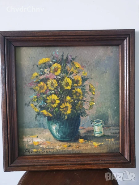 47х40см/малка стара картина масло върху платно-фазер/натюрморт ваза с цветя/дървена рамка, снимка 1