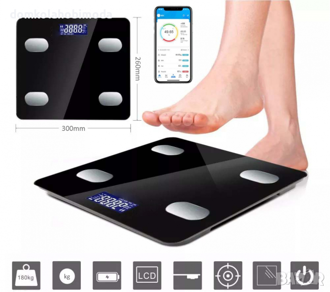 Електронен Smart кантар, До 180 кг,Температура, Мазнини,Bluetooth. и други, снимка 1