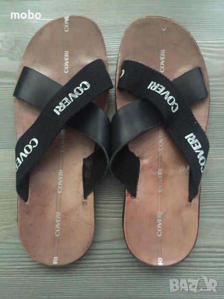 Мъжки чехли от естествена кожа и плат, номер 43, цвят черно, равна подметка – 2см, снимка 1