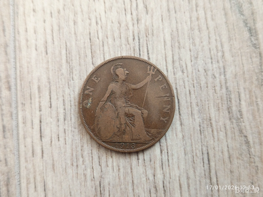 Монета 1913 Великобритания 1 Penny King George V, снимка 1