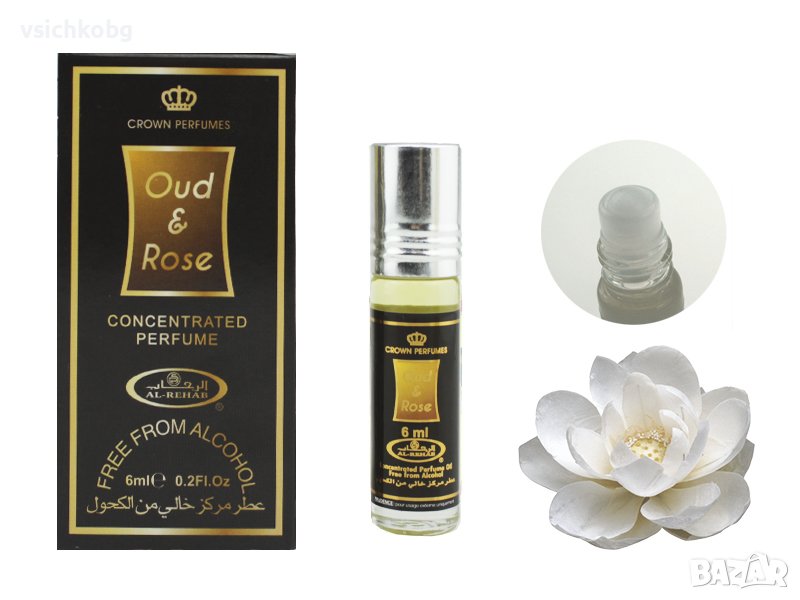 Арабско олио парфюмно масло от Al Rehab 6мл OUD & ROSE ориенталски аромат на кадифена роза,  бял мус, снимка 1