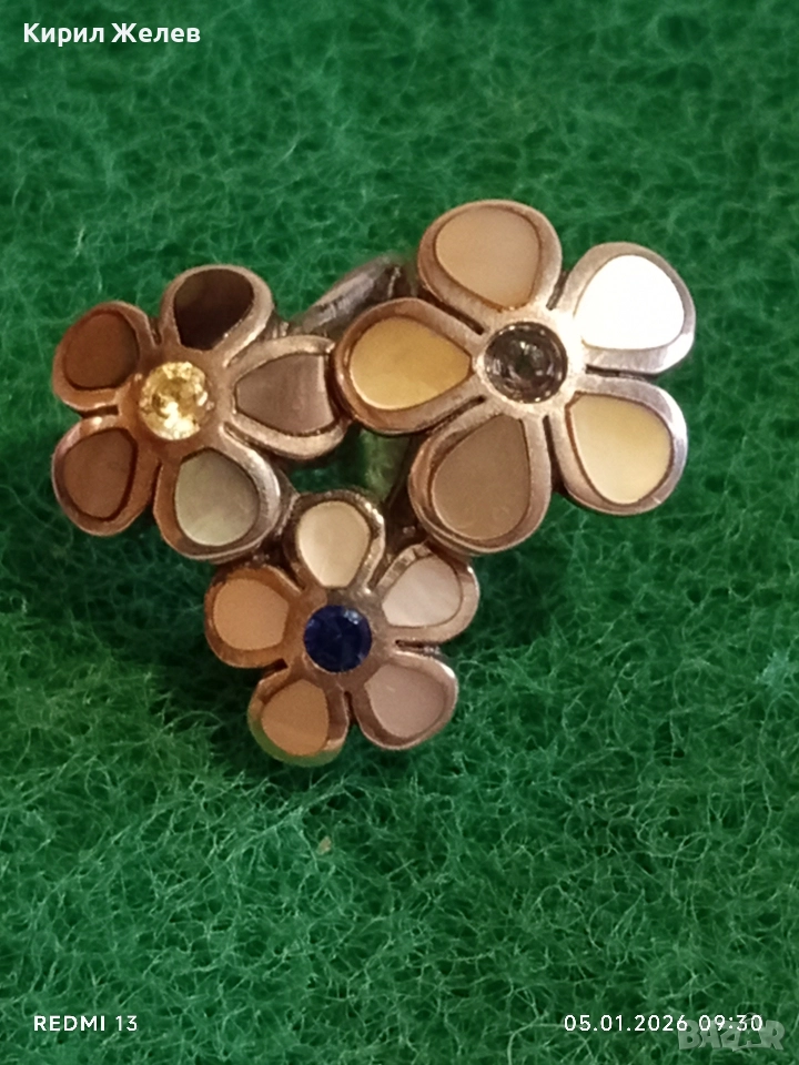 Артистичен сребърен пръстен венчелистчета с Кралски Седеф и кристали Арт бижу 19962, снимка 1