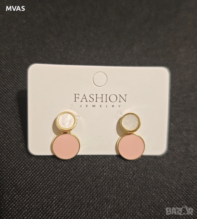 Нови кръгли обеци розово с бяло и златно, снимка 1