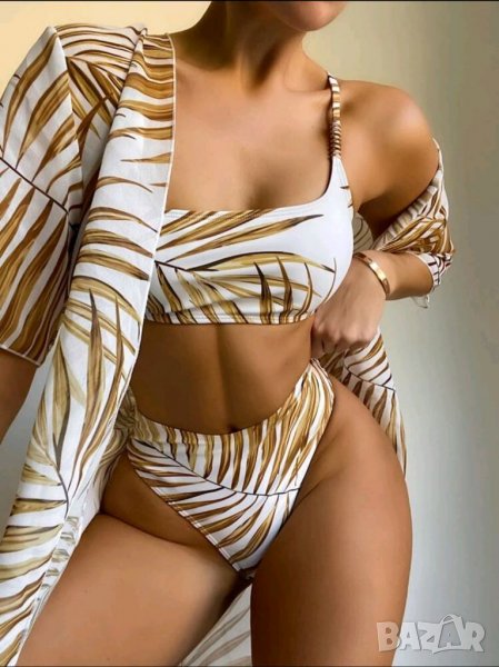 Уникален бял бански с висока талия и златисти  листа Cliche, снимка 1