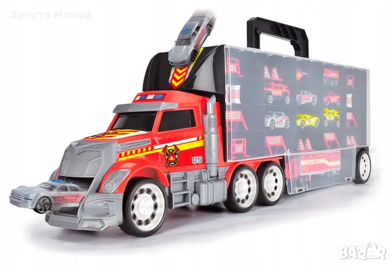 Автовоз Голям Камион с колички Dickie Toys пожарна кола с 9 коли и 18 аксесоара, снимка 1