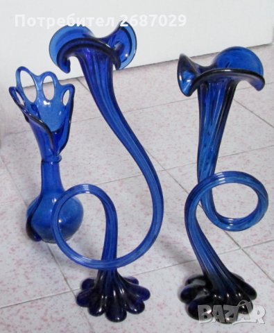 Високи  38 и 44 см  -  2 бр невероятни големи стъклени сини вази, снимка 12 - Вази - 30594521