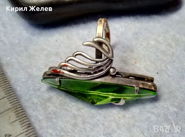 СТАР РУСКИ ДЕБЕЛО ПОСРЕБРЕН МЕЛХИОРЕН ПРЪСТЕН с ФАСЕТИРАН ЗЕЛЕН КРИСТАЛ ЧАСТ от КОМПЛЕКТ 25223, снимка 3 - Антикварни и старинни предмети - 49917244