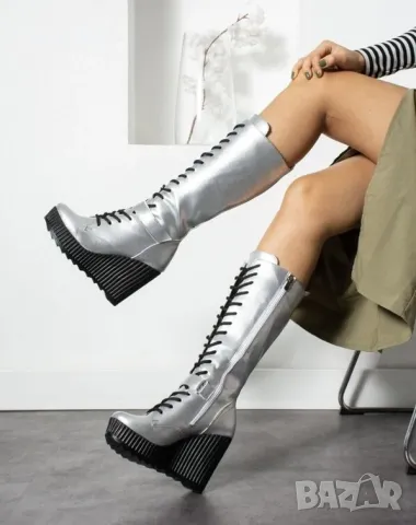 Ботуши на платформа - сребриста кожа с черно ходило