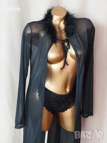 S/M Дълъг, ефирен, черен халат с пухчета , снимка 3 - Нощници - 49230323