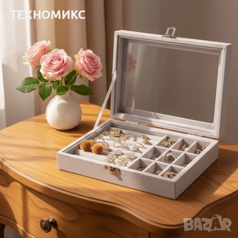 Кутия за бижута, сива, стъклен капак, снимка 13 - Други - 51813813