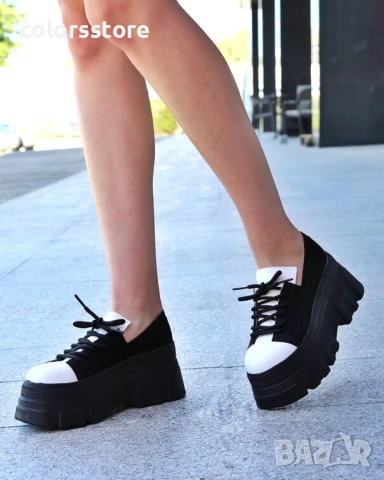 Обувки на платформа - черен велур и бяла кожа - DA60 , снимка 3 - Кецове - 51400276
