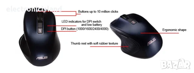 Безжична тиха мишка ASUS MW202, 4000 DPI, тъмно син цвят, снимка 4 - Клавиатури и мишки - 48158812