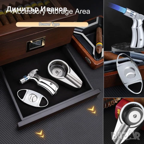 Кедров хумидор със вграден дигитален хидрометър,запалка, пепелник и ножица за 50-60 пури, снимка 4 - Други - 50997145