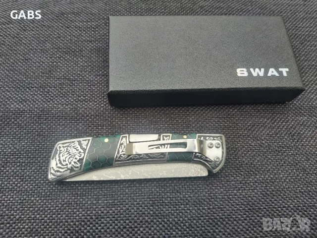 Сгъваем фосфоресциращ нож,дамаска стомана с гравирана дръжка SWAT, снимка 7 - Ножове - 49867746