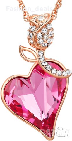 Нов Романтичен Медальон с Роза Сърцевиден Кристал - 18К Розово Злато Жени Подарък