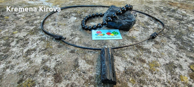 Най-силният защитен камък-черен турмалин. Комплект от Камък, колие и гривна. Бижута Луди гъби.