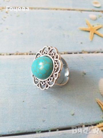 Разкошен пръстен с голям Тюркоаз и орнаментирана основа-регулиращ се за всеки размер , снимка 5 - Пръстени - 39663762