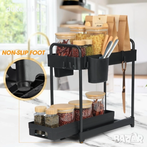 Комплект от 2 броя Органайзер за кухня и баня, с 4 куки и 2 чашки – черен, снимка 4 - Етажерки - 52387273